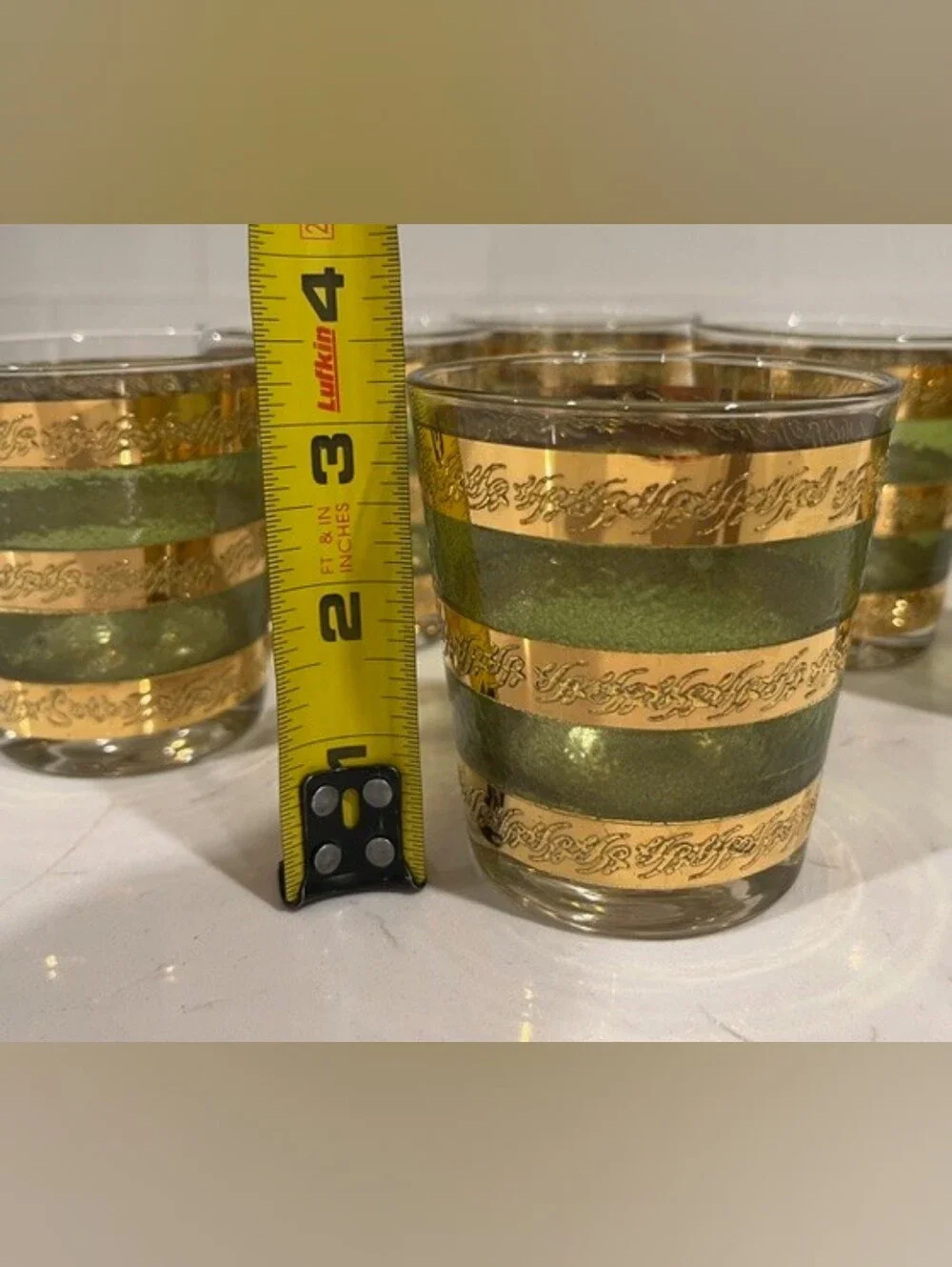 Vintage MCM Culver Starlyte‎ Green & Gold Old Fashioned Glassware - Set of 6 EUC